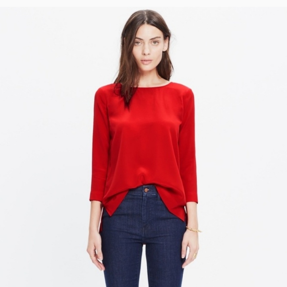 Madewell Retrospect Solid Red 100% Silk Blouse Szs - image 3